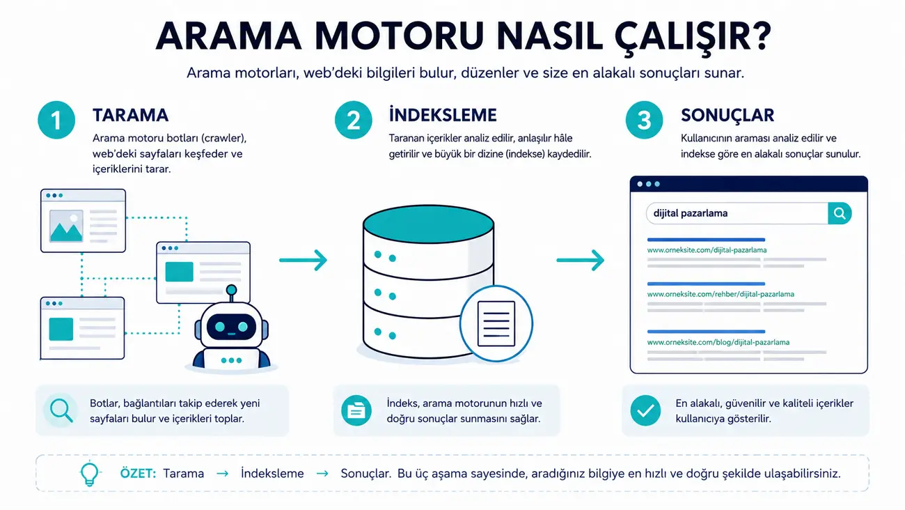 Tarama, indeksleme ve arama sonuçlarının sunulması aşamalarını gösteren arama motoru çalışma şeması
