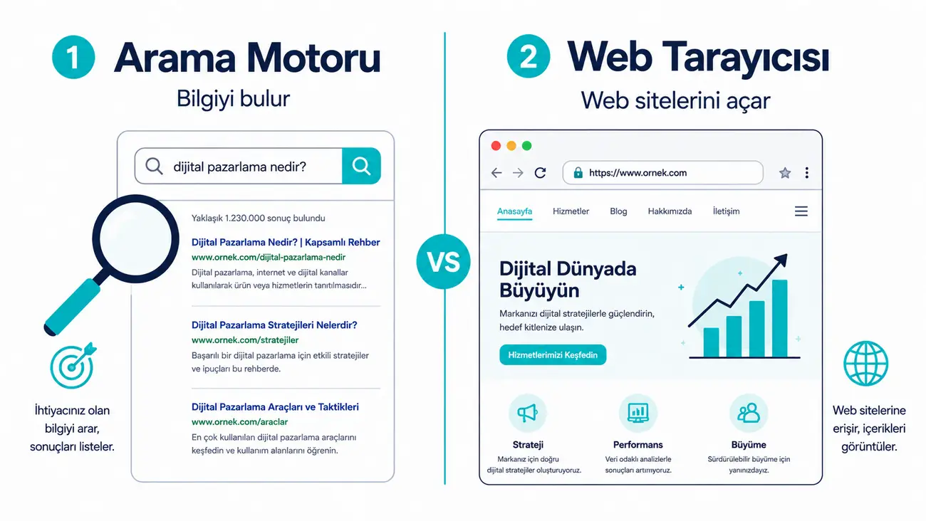 Arama motoru ile web tarayıcısı arasındaki farkı gösteren karşılaştırmalı illüstrasyon