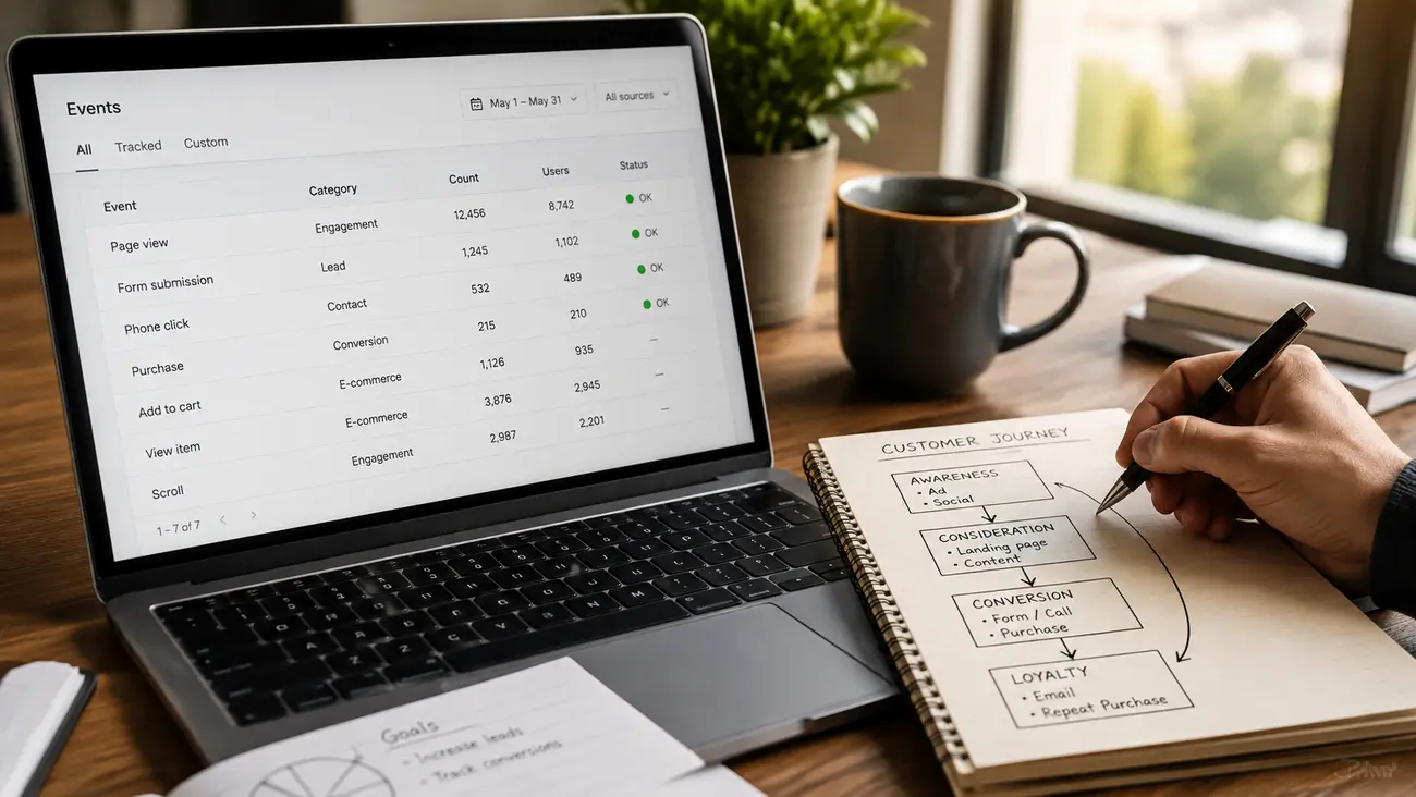 Web sitesinde form gönderimi, telefon tıklaması ve satın alma gibi kullanıcı etkinliklerini takip eden analiz uzmanı