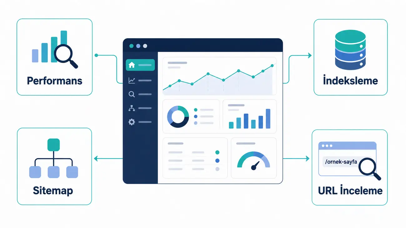 Google Search Console’un performans, indeksleme, sitemap ve URL inceleme işlevlerini gösteren infografik