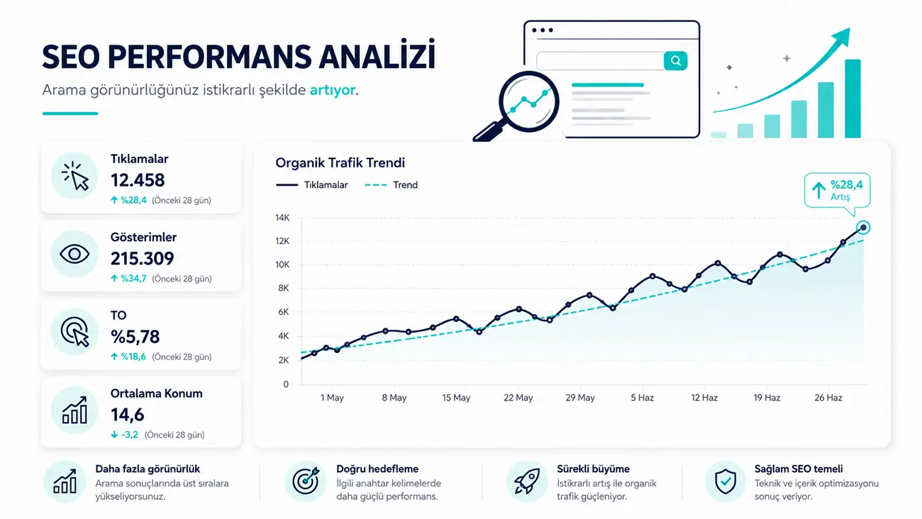 Tıklama, gösterim, tıklama oranı ve ortalama konum metriklerini gösteren SEO performans grafiği